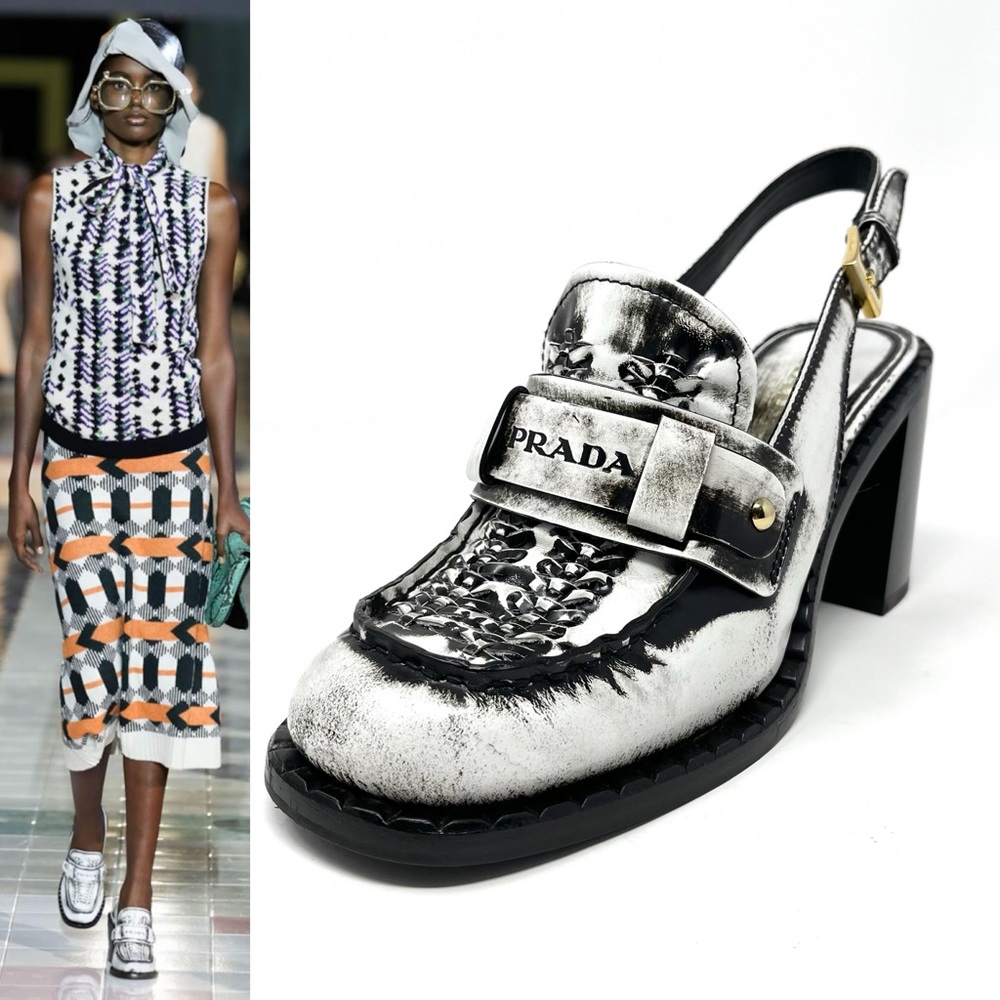 RARE Prada SS20 White Black Logo Brushed Leather Slingback Loafers Heels 39 9 - Picture 13 of 13